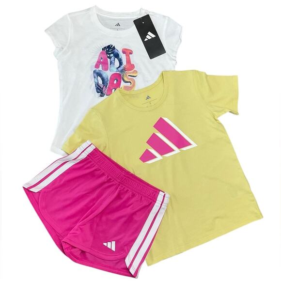 adidas Other - Adidas Girl’s T-Shirt Shorts Set Yellow Pink Size 5 NWT